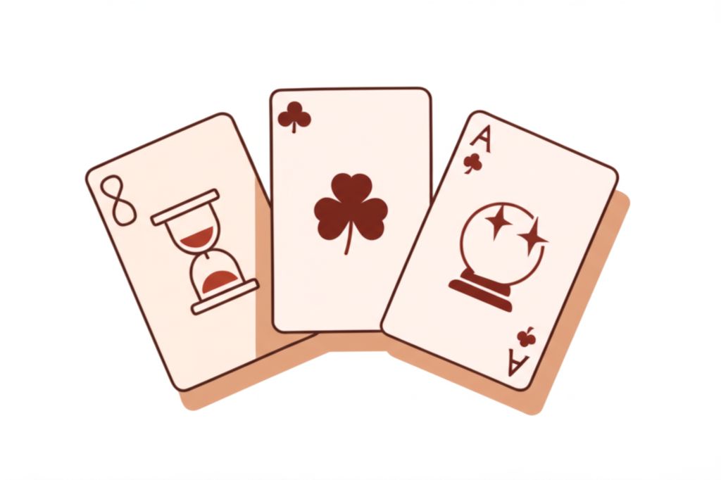 Three playing cards — hourglass, clover, and crystal ball