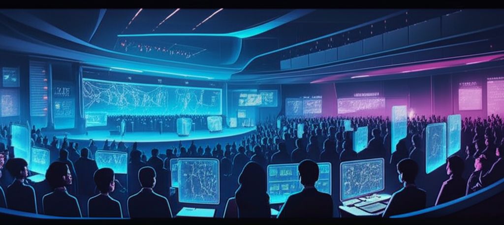 Futuristic AI conference with holographic displays