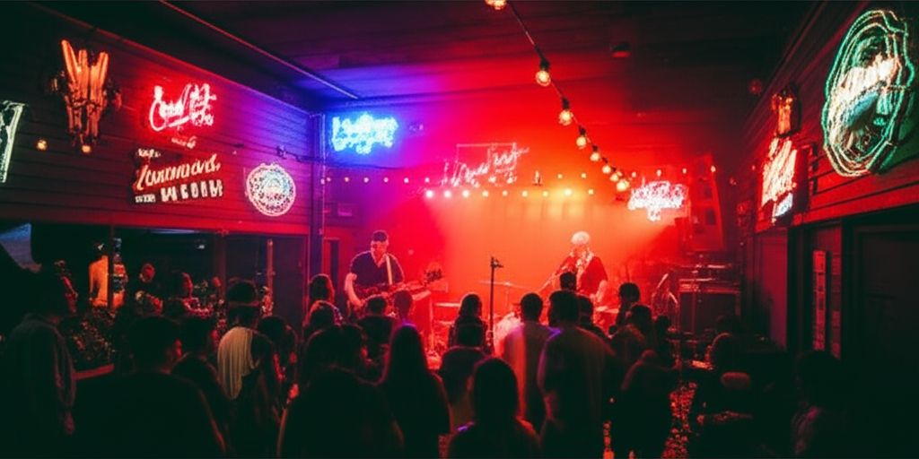 Live music venue in Austin at night with neon lights